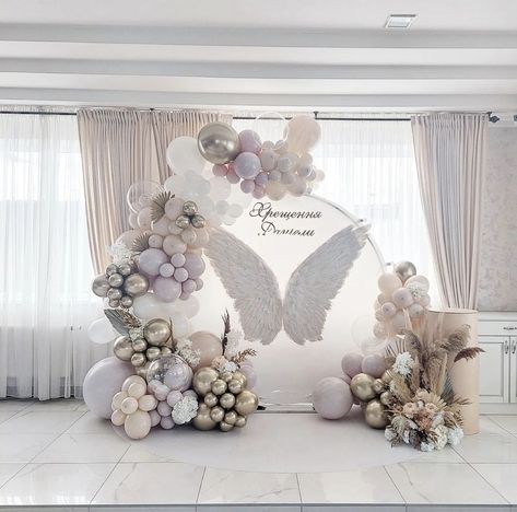 Heaven Sent Balloon Arch, Angel Balloon Decor, Angel Themed Wedding, Baptism Stage Decoration, Angel Decorations Party, Baptism Decorations Backdrops, Christening Decorations Girl, Angel Themed Party, Angel Gender Reveal