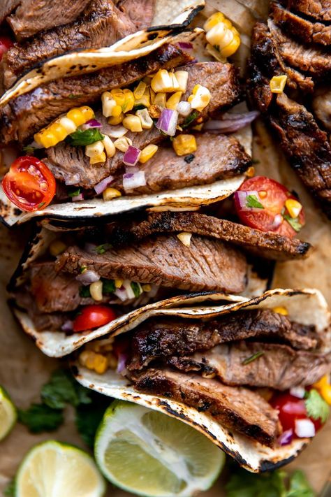 Steak Street Tacos Steak Street Tacos, Steak Taco Recipe, Fresh Corn Salsa, Grilled Ribeye Steak, Street Taco, Steak Pizza, 2023 Food, Grilled Ribeye, Easy Taco Recipes