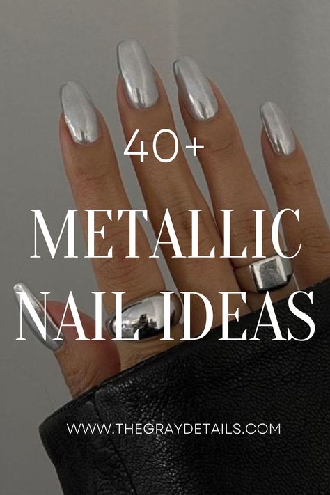 40 + Metallic Nail Ideas Silver Chrome Dip Nails, Gel Nail Ideas Neutral, Rose Gold Dip Nail Ideas, Black Metallic Ombre Nails, Metallic Gel Nail Colors, Gel Nails Metallic, Chrome French Dip Nails, Golden And Silver Nails, Chrome Nails Bronze