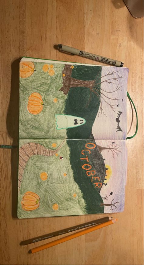 Spooky pumpkin patch for the month of hallowee- I mean October Pumpkin Patch Drawing, Patch Drawing, Spooky Pumpkin Patch, Journal Monthly Cover, Field Drawing, Bullet Journal Monthly, Spooky Pumpkin, A Pumpkin, Pumpkin Patch