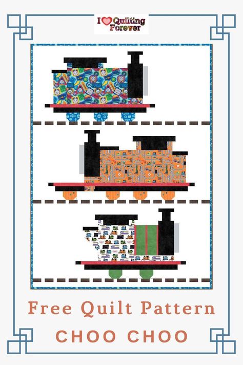 Choo Choo Quilt: All aboard the fun! Adorable train blocks for your little one. Free quilt pattern perfect for bedspread or wall hanging. Train Quilt Block Pattern Free, Train Quilt Block Pattern, Train Quilt Pattern, Kids Quilt Patterns, Free Quilt Blocks, Train Quilt, Tractor Quilt, Mickey Mouse Quilt, Kid Quilts Patterns