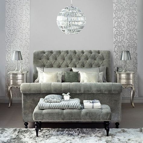 Make your room shimmer with silver accents Chesterfield Beds, Super King Bed Frame, Luxury Bed Frames, Lift Storage Bed, Sleigh Bed Frame, Velvet Chesterfield, Bed Frame Sizes, Large Headboard, Silver Bedroom