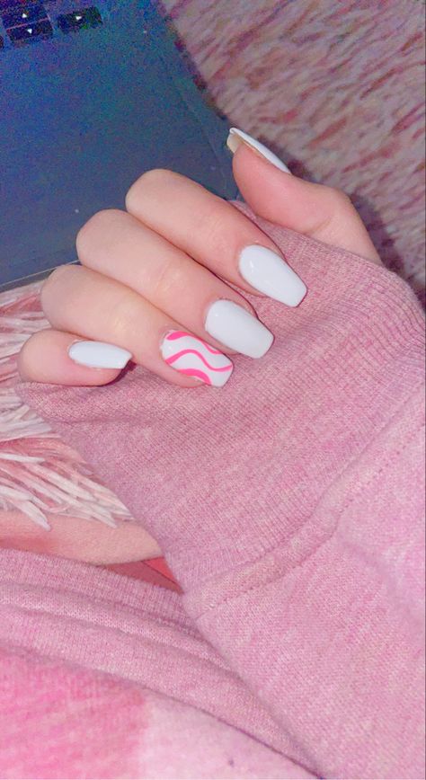 nail, pink nails, white nails, nail designs, preppy Simple Nail Designs White And Pink, White Nails With One Design, Pink And White Nail Ideas Short, Short Nails White And Pink, Hot Pink And White Nail Ideas, White Nails With Hot Pink Design, Hot Pink And White Nail Designs, Short Nail Designs Pink And White, Hoco Nails For Pink Dress