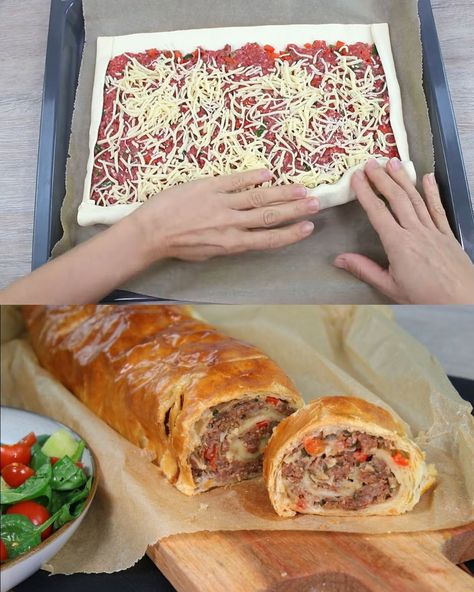 The Beef Puff Pastry Roll is a delicious and versatile dish perfect for any occasion, whether it’s a family dinner, a casual gathering, or a party. Combining savory ground beef, fresh vegetables, and melted cheese, this recipe offers a wonderful blend of flavors and textures encased in a flaky puff pastry crust. It’s simple enough for a weeknight meal yet impressive enough to serve to guests. With minimal preparation and straightforward steps, you can create a mouthwatering dish that will have e Meatloaf In Puff Pastry, Dinner Ideas Using Puff Pastry, Ground Beef Phyllo Recipes, Dinner Puff Pastry Recipes, Beef Pastry Recipe, Phyllo Dough Recipes Dinner Ground Beef, Puff Pastry Hamburger Roll, Puff Pastry Main Dish Recipes, Dinner Recipes With Puff Pastry