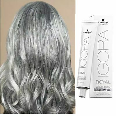 Schwarzkopf Igora Royal Absolute White. To make this hair colour you will need to mix it with developer. This is a professional hair colour and should only be used by professional qualified hairdressers. Hair Color Grey Silver, Schwarzkopf Hair Color, Silver White Hair, Longer Hair Faster, Grey Hair Dye, Grey White Hair, White Hair Color, Going Grey, Professional Hair Color