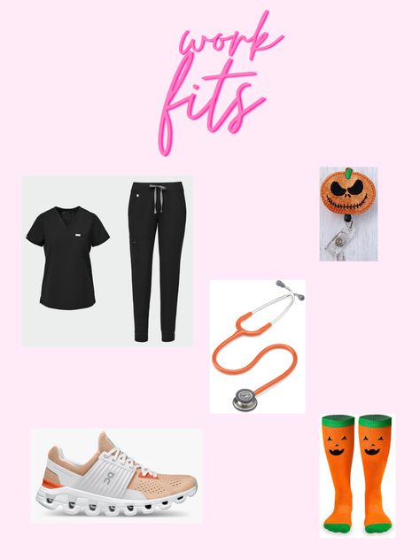 #halloween #scrubs #figs #healthcare #doctor #nurse #pediatrics Home Health Nurse Outfit, Scrubs Accessories Medical, Christmas Scrubs Nurse, Holiday Scrubs Nursing, Nurse Outfit, Nurse Outfit Scrubs, Halloween Scrubs, Pre-shrunk Nursing T-shirt With Crew Neck, Medical School Essentials