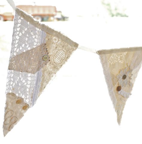 Vintage+Lace+and+Linen+bunting+5+Flags+4ft+by+RekindledPleasures Vintage Bunting, Wedding Bunting, Vintage Flag, Crafts Sewing Projects, Fabric Banner, Shabby Chic Wedding, Crochet Tablecloth, Embroidery Fabric, Photo Booth Props