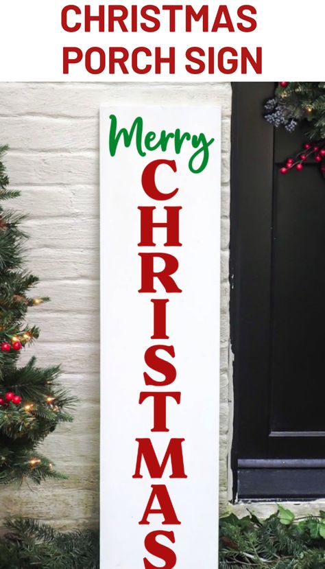 Make your own Christmas Porch Sign using these free Merry Christmas SVG cut files. This fun vertical Christmas cut file is the perfect addition to your holiday decor. Free Christmas Porch Sign Svg, Merry And Bright Porch Sign, Vertical Christmas Signs Wood, Vertical Porch Signs Christmas, Holiday Porch Signs Walmart, Homemade Gift Boxes, Porch Sign Svg, Stencil Vinyl, Merry Christmas Svg