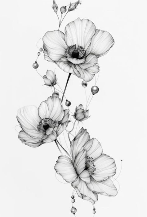 Daisy Floral Tattoo Design, Geometry Flower Tattoo, Feminine Floral Tattoo Designs, Tattoo Flower Designs For Women, Poppies Tattoo Black And White, Poppy Geometric Tattoo, X Ray Flowers Tattoo, Arm Template For Tattoo Design, Hellebores Tattoo