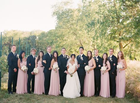 Photography: Jen Lynne Photography - jenlynnephotography.net  Read More: http://www.stylemepretty.com/2014/06/20/blush-gold-orchard-wedding/ White Tuxedo Wedding, Pink Black Weddings, Wedding Parties Colors, Orchard Wedding, Blush Bridesmaids, Blush Bridesmaid Dresses, Blush Gold, Bridesmaids And Groomsmen, Blush And Gold