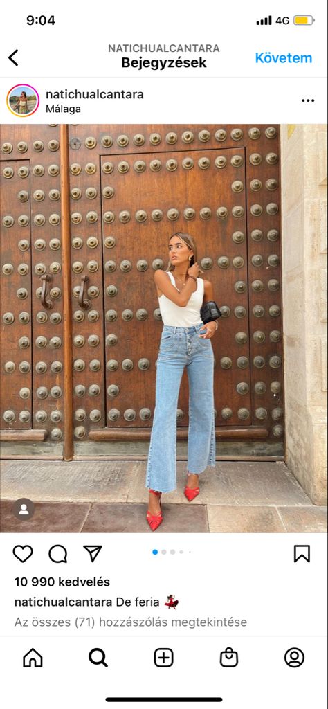 Jeans With Red Heels, Red Heels Jeans Outfit, Red Heels Casual Outfit, Red Heels Summer Outfit, Red Pointy Shoes Outfit, Pump Heels Outfit Jeans, Jeans With Stilettos Outfit, Jeans And Red Heels Outfit, Jeans And Slingback Heels