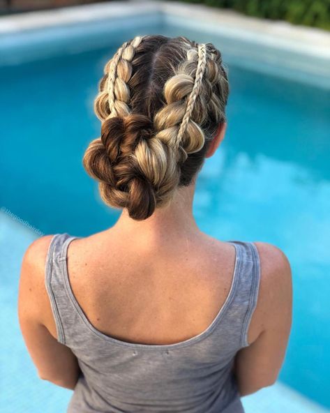 Double Stacked Braid into a Bun Braids Into Buns, Stacked Braids, Party Hairstyles For Long Hair, Smart Hairstyles, Easy Party Hairstyles, Holiday Party Hair, Double Dutch Braid, Hair Details, Dutch Braids