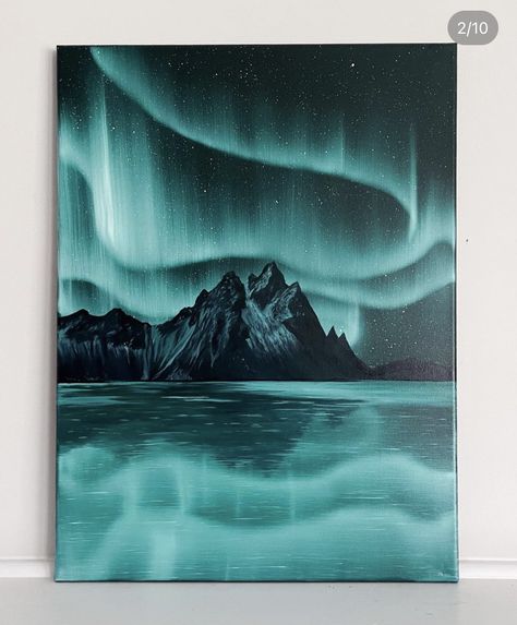 Rainbow Painting Ideas On Canvas, Xmas Paintings On Canvas, Aurora Painting, Northern Lights Painting, Watercolor House Painting, Air Painting, Easy Canvas Art, Landscape Art Painting, Painting Art Lesson