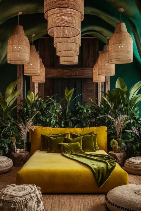 A dramatic and cozy bedroom with emerald green walls, rattan pendant lights, and mustard-yellow bedding. Add velvet green pillows, bohemian patterns, and potted plants for a luxurious tropical escape. #TropicalBohoVibes #EmeraldGreenDecor #BohoChicBedroom #RusticTropicalDesign #CozyBedroomGoals #LushGreeneryDecor #MustardAndEmerald #BohemianElegance #TropicalSanctuary #InteriorInspiration Dark Green Jungle Bedroom, Dark Tropical Bedroom, Emerald Green Walls, Emerald Green Bedding, Emerald Green Decor, Tropical Bedroom, Jungle Bedroom, Rattan Pendant Lights, Tropical Luxury