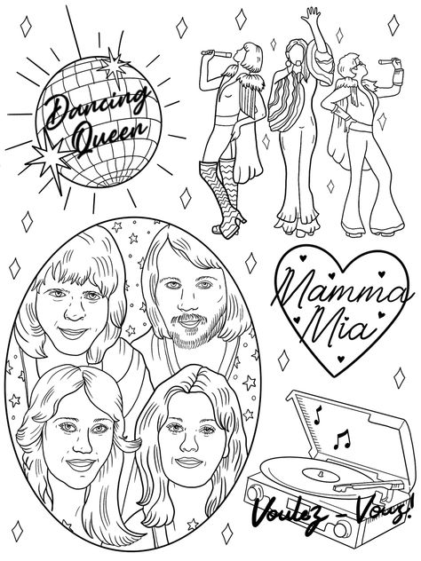 Mamma Mia Coloring Pages, Donna And The Dynamos Tattoo, Mamma Mia Doodles, Abba Inspired Tattoo, Dancing Queen Drawing, Chiquitita Abba Tattoo, Bratz Coloring Pages Aesthetic, Abba Drawing, Mamma Mia Drawing