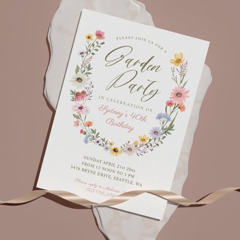 Create your own Invitation | Zazzle Garden Theme Birthday, Midsummer Party, Wildflowers Garden, Garden Party Invitations, Bday Themes, Rainbow Birthday Invitations, Floral Birthday Invitations, Watercolor Wildflowers, Tea Party Invitations