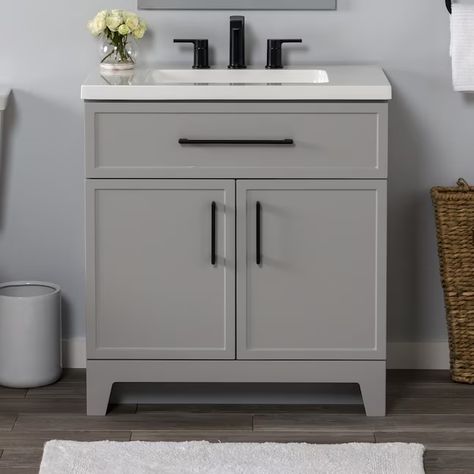 Style Selections Potter 30-in Gray Single Sink Bathroom Vanity with White Cultured Marble Top in the Bathroom Vanities with Tops department at Lowes.com Shaker Vanity, Under Sink Cabinet, Cultured Marble Vanity Top, Elegant Vanity, Bathroom Cleaning Supplies, Grey Bathroom Vanity, Gray Vanity, Bathroom Necessities, Transitional Vanity