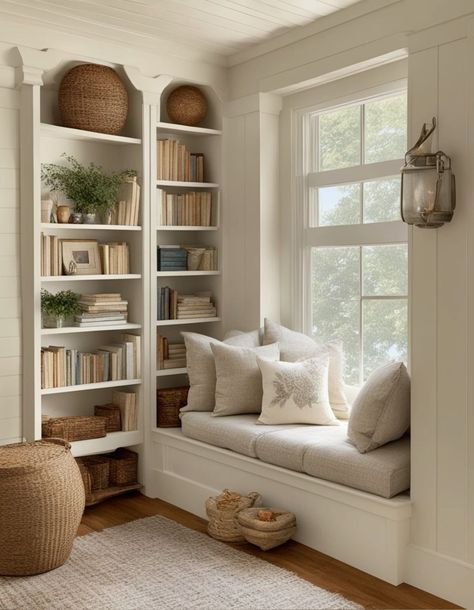 Living Room With Reading Nook Layout, Cozy Cottage Reading Nook, Modern Farmhouse Reading Nook, Built In Reading Nook In Bedroom, Cozy Bedroom Reading Nook, Small Home Library Aesthetic, Cottage Reading Nook, Open Plan Living Room Ideas, Cosy Nursery