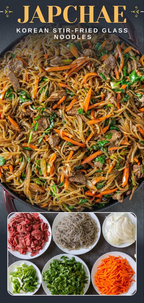 Sweet Potato Glass Noodle Recipes, Sweet Potato Noodle Recipes, Sweet Potato Glass Noodles Recipe, Sweet Potato Noodles Recipe, Korean Japchae, Japchae Recipe, Korean Sweet Potato Noodles, Stir Fry Glass Noodles, Glass Noodles Recipe