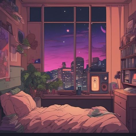 Lofi Bedroom, Lofi City, Room Illustration, Lofi Aesthetic, Bedroom Drawing, Anime Pixel, Vaporwave Aesthetic, Anime Pixel Art, Night City