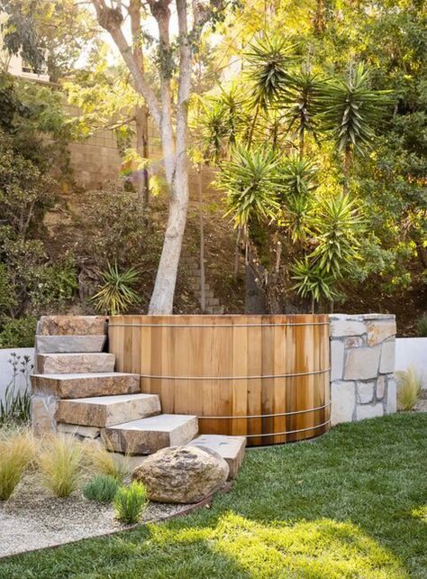 Cedar Tub, Hot Tub Deck Design, Relaxing Garden, Sunken Hot Tub, Round Hot Tub, Hot Tub Landscaping, Tub Deck, Hot Tub Patio, Cedar Hot Tub