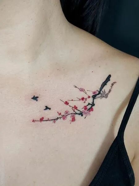 Collarbone Cherry Blossom Tattoo, Collar Bone Tattoo Japanese, Cherry Blossom Tattoo Collar Bone, Cherry Blossom Underboob Tattoo, Cherry Blossom Collar Bone Tattoo, Cherry Blossom Hand Tattoo, Clavical Tattoos, Cherry Blossom Samurai, Tattoo Cherry Blossoms