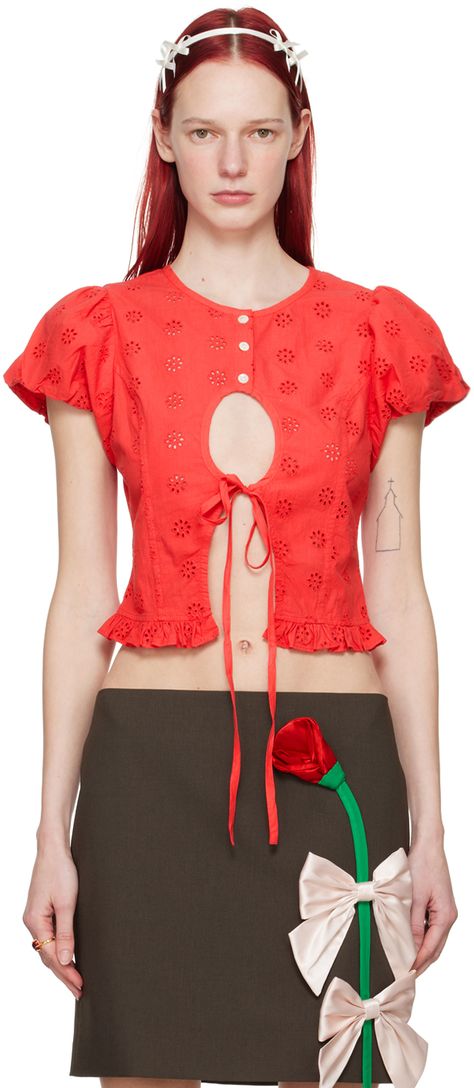 Cotton broderie anglaise blouse. · Crewneck · Button and self-tie closure · Cutout and vent at front · Ruffled trim at hem · Puff sleeves Supplier color: Red Cutout Blouse, Perfect Blouse, Sandy Liang, Designer Blouses, Blouse Patterns, Red Blouses, Cotton Blouses, Cotton Poplin, Sleeve Cotton