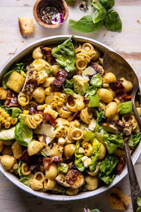 Pesto Chicken, Corn, and Avocado Bacon Pasta Salad | halfbakedharvest.com Charcuterie Pasta Salad, Outdoor Dinner Outfit, Half Baked Harvest Pesto, Pasta Salad Half Baked Harvest, Quick Easy Summer Meals, Pesto Chicken Pasta Salad, Protein Pasta Salad, Spring Dinners, Veggies Dinner