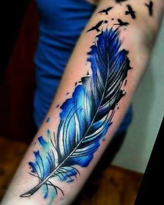 22 Likes, 2 Comments - Piotrek Oo (@thr3colours) on Instagram: “Watercolour feather tattoo @eastinktattoo #watercolourtattoo #realism #realistictattoo #birdstattoo…” Splatter Tattoo, Feather Tattoo Colour, Tattoo Feather, Feather With Birds Tattoo, Cover Up Tattoos For Women, Blue Rose Tattoos, Feather Tattoo Design, Bear Tattoos, Mermaid Tattoos