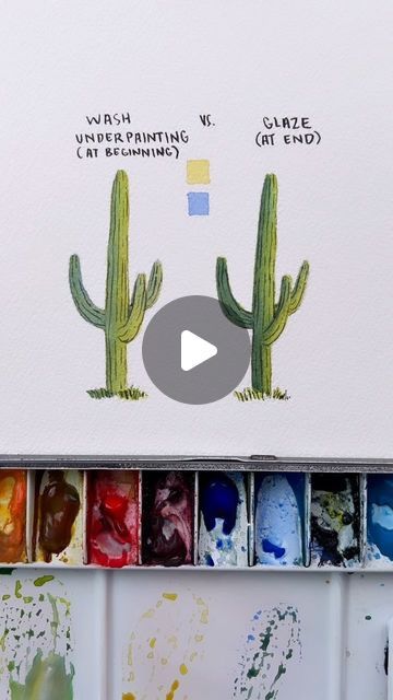 Mallery Marsh on Instagram: "Underpainting vs Glazing at the end 🌵 Learn how to Watercolor in my online, prerecorded courses, with lifetime access! Start painting today 🎨 #learnwatercolor #watercolortutorial #watercolorbeginner #watercolorpainting" Underpainting Watercolor, Glazing Watercolor, Glazing Painting, Watercolor Underpainting, Watercolor Glazing, Watercolour Tips, How To Watercolor, Paint Tutorial, Learn Watercolor Painting