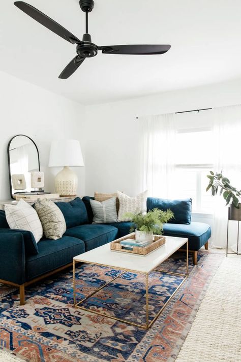 13 Rugs That Go With A Blue Couch Navy Blue Couch, Navy Blue Couches, Texas Apartment, Couch Rug, Stylish Living Room Ideas, Teal Couch, Stylish Kitchen Design, Cozy Scandinavian, Blue Couch