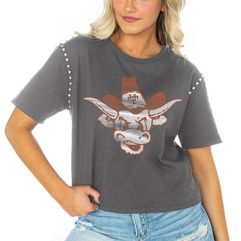 Stand out at the next Texas Longhorns game with this Galore Studded Sleeve Crop Top from Gameday Couture. The stylish studded shoulder details add a modern touch to this classic Texas Longhorns crop top. Whether you're watching from home or at the stadium, cheer your favorite team on in style with this warm-weather essential. Texas Gameday Outfit Longhorns, Texas Longhorns Outfits, Ut Sweatshirt Texas Longhorns, Texas Longhorn Tshirt, Gameday Couture, Texas Longhorns, Crop Top Outfits, Crop Tops Women, Oversized Tshirt