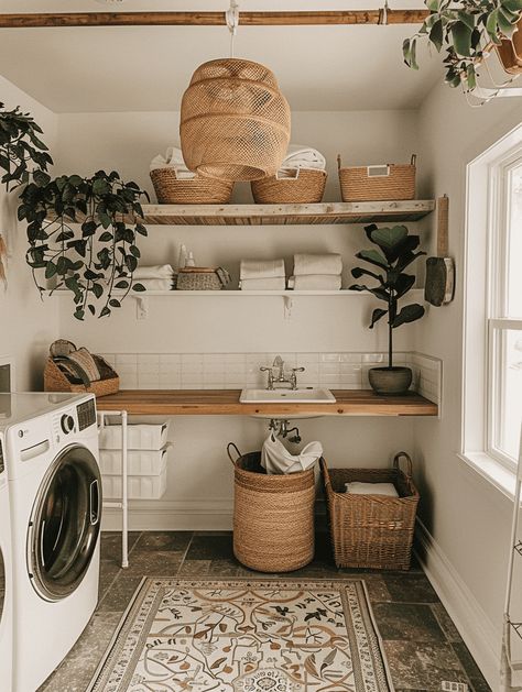 Boho Garage Ideas, Boho House Outside, Boho Style Laundry Room, Boho Chic Laundry Room, Modern Boho Laundry Room, Rustic Boho Laundry Room, Terracotta Laundry Room, Cute Living Room Ideas Cozy, Earthy Laundry Room