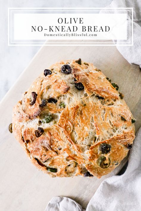 No Knead Skillet Olive Bread, No Knead Kalamata Olive Bread, No Knead Olive Bread Dutch Oven, Green Olive Bread Recipe, Italian Olive Bread Recipe, No Knead Olive Bread Recipe, Recipes With Green Olives, No Knead Olive Bread, Green Olive Bread