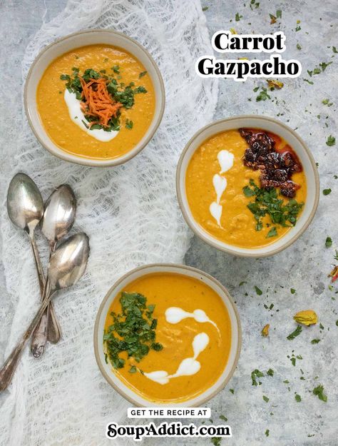 Carrot Gazpacho is a light and lovely chilled soup that's perfect for the sweltering days of summer. Ever so slightly sweet with a hint of Asian influence, this soup goes well with a salad or sandwiches. Awesome for summer brunch! It's prepared in the blender for extra ease - no cooking! Get the recipe at SoupAddict.com Carrot Gazpacho, Chilled Soup Recipes, Summer Soup Recipes, Cold Soup Recipes, Gazpacho Soup, Carrot Soup Recipes, Health Cooking, Gazpacho Recipe, Chilled Soup