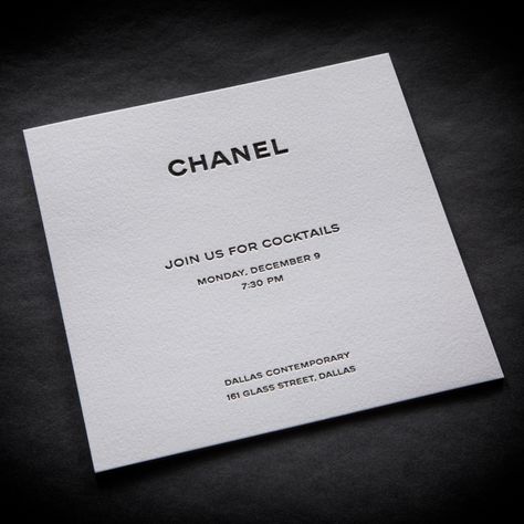 Chanel Cocktail reception invitation - Letterpress, 1 over 0 on 260# cover duplexed Chanel Invitation, Chanel Birthday, Reception Invitations, Letterpress Invitations, Cocktail Reception, Birthday Celebration, Letterpress, Printer, Chanel