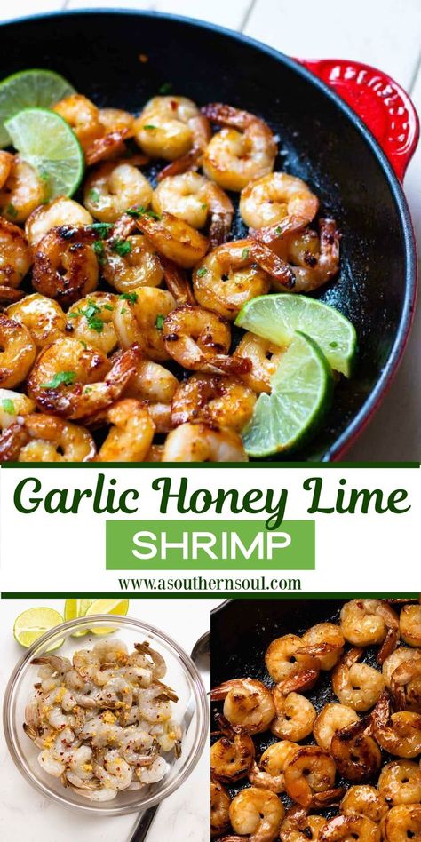 Easy to make Garlic Honey Lime Shrimp is sticky, sweet, and spicy with a burst of fresh citrus flavor! This 7-ingredient recipe is great served as an appetizer and will quickly become a favorite main dish at suppertime. Lime Appetizer, Citrus Shrimp, Honey Lime Shrimp, Prawn Dishes, Sea Foods, Garlic Honey, Yummy Fall Recipes, Lime Recipes, Bite Size Appetizers