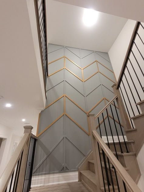 Stairs Feature Wall, Stair Accent Wall, Stairway Accent Wall, Stair Wall Design, Staircase Accent Wall, Modern Wainscoting Ideas, Stair Wall Decor, Wooden Accent Wall, Staircase Wall Decor