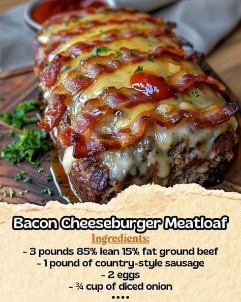 Jamie Oliver Family | Bacon Cheeseburger Meatloaf | Facebook Paula Deen Bacon Cheeseburger Meatloaf, Cheeseburger Meatloaf Recipes, Bacon Cheeseburger Meatloaf, Cheeseburger Meatloaf, Cheese Stuffed Meatloaf, Meatloaf Ingredients, Fresh Bread Crumbs, Best Burger Recipe, Beef Casserole Recipes