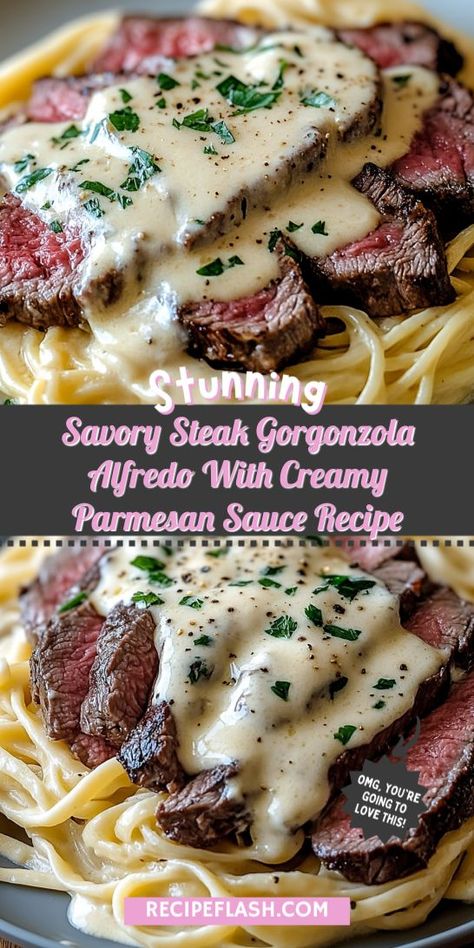 Looking for a steak dinner that elevates your meal? This Savory Steak Gorgonzola Alfredo with Creamy Parmesan Sauce is the perfect sidekick for your main dish! Enjoy creamy indulgence that pairs beautifully with steak. Save this recipe for your next special dinner night! Creamy Steak Sauce, Steak Gorgonzola Alfredo, Gorgonzola Alfredo, Parmesan Sauce Recipe, Steak Gorgonzola, Gorgonzola Recipes, Gorgonzola Pasta, Steak Sauce Recipes, Steak Dinner Sides