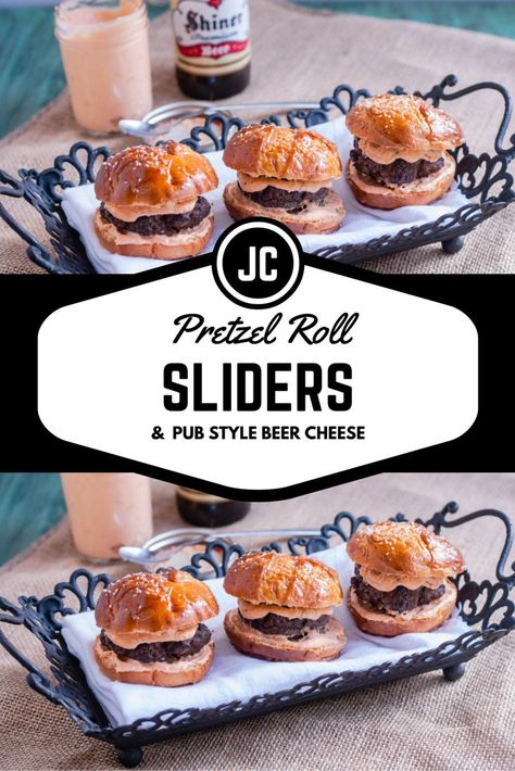 Delicious mini burgers on Sourdough Pretzel Rolls and slathered with Pub Style Beer Cheese. Pretzel Roll Sliders, Pretzel Bun Sliders, Pretzel Sliders, Sliders Burger, Sourdough Pretzel, Pretzel Roll, Roll Sliders, Slider Sandwiches, Pretzel Rolls