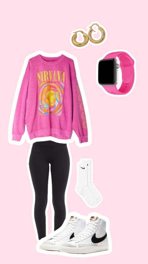 #pink #preppy #nirvana Nirvana Shirt Outfit, Preppy Nirvana, Nirvana Outfit, Pink Nirvana, Nirvana Sweatshirt, Crewneck Outfit, Nirvana Shirt, Preppy Outfits For School, Hot Pink Shirt