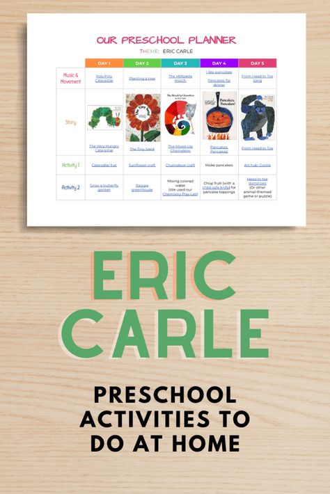 Eric Carle preschool activity ideas that you can do at home with your kids! Read alouds, songs with movement, arts, crafts, science, etc. Eric Carle Preschool, Eric Carle Activities Preschool, Free Homeschool Planner, Play Based Activities, Eric Carle Crafts, Preschool Planner, Summer Lesson Plans, Eric Carle Art, Eric Carle Activities