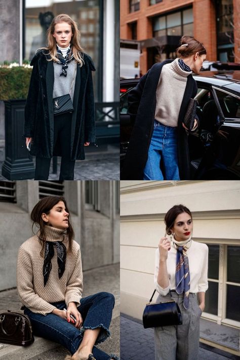 Scarf Turtleneck Outfit, Neck Scarf With Turtleneck, Silk Neck Scarf Outfit Winter, Scarf With Turtleneck Sweater Outfit, Scarf Over Turtleneck, Turtle Neck And Scarf Outfit, Scarf And Turtleneck Outfit, Neck Scarf Outfit Winter, Turtle Neck Accessories