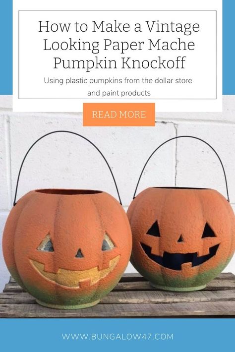 how to make vintage paper mache looking pumpkins via @bungalow47 Paper Mache Pumpkins, Vintage Paper Mache, Fall Pumpkin Crafts, Pumpkin Uses, Fake Candles, Plastic Pumpkins, Dawn Dish Soap, Paint Line, How To Store