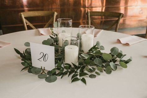 Greenery And Candles Wedding, Wedding Reception Candles, Eucalyptus Centerpiece, Lakeside Lodge, Greenery Centerpiece, Candles Wedding, Wedding Reception Centerpieces, Reception Centerpieces, Lakeside Wedding