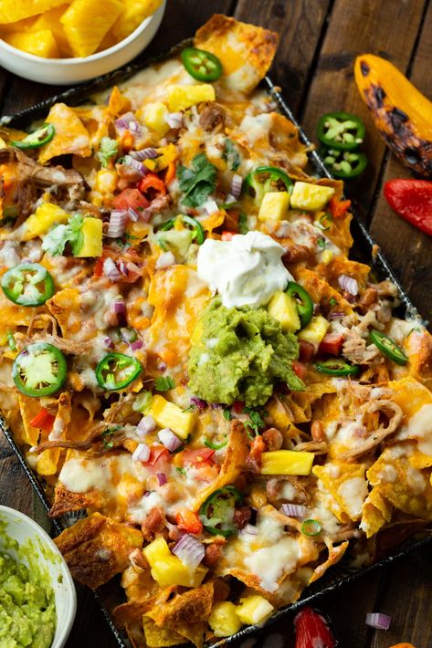 Pina Colada Hawaiian Pork Nachos Recipe - Oh Sweet Basil Creamy Pina Colada, Pina Colada Sauce, Pulled Pork Nachos Recipe, Pork Nachos Recipe, Hawaiian Pulled Pork, Bacon Wrapped Avocado, Carolina Pulled Pork, Hawaiian Pork, Baked Nachos