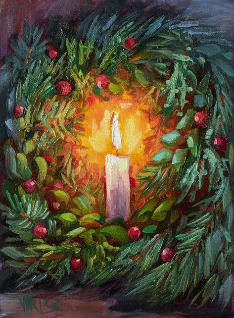 Winter Still Life Painting, Candle In The Window Painting, Oil Pastel Christmas Candle, Christmas Candles Watercolor Painting, Impressionism Art Christmas, Christmas Still Life, Painting For Wall Decor, Christmas Oil Painting, Design On Canvas