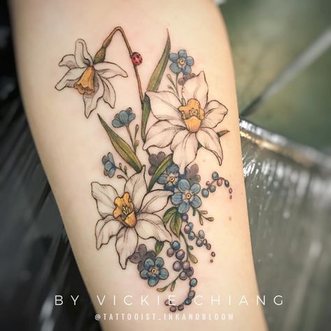 Daffodil And Ladybug Tattoo, Daffodil Flower Tattoo Design, Daisy And Narcissus Tattoo, Thinking Tattoo, Narcissus Tattoo, Anemone Tattoo, Daffodil Flower Tattoos, Aster Tattoo, Grandchildren Tattoos