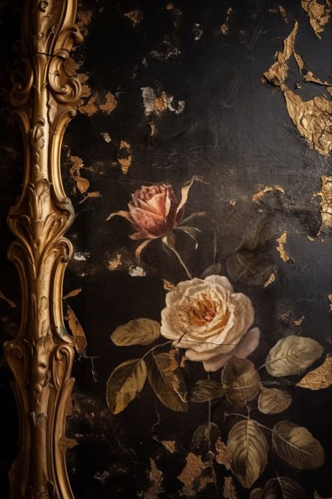 Antique/ Painting Dark Baroque Art Wallpaper, Antique Floral Painting, Classically Eccentric, Baroque Aesthetic, Flowers Poster, Antique Aesthetic, Golden Frame, Baroque Art, Phone Art